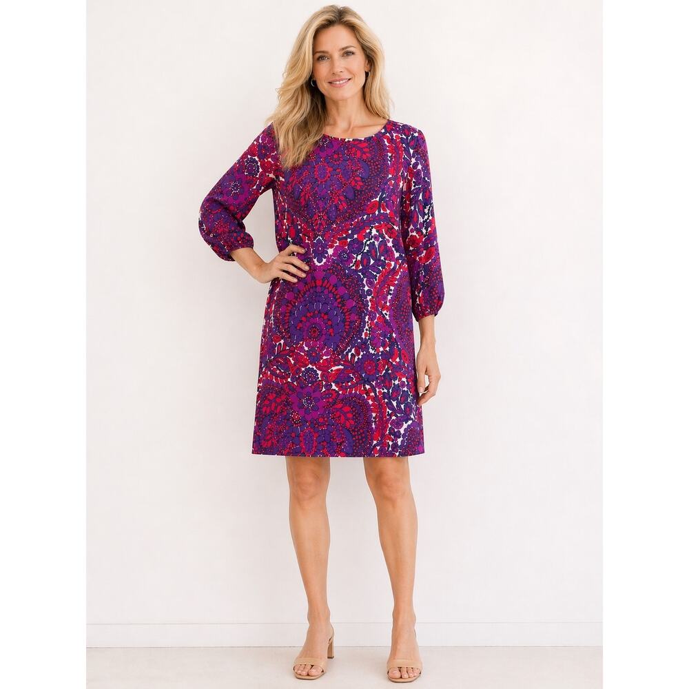 Trina Turk Silk Floral Long Sleeve Shift Dress Chic Boho Resort Size 2